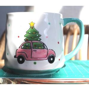 Lang by Design Group Christmas Mug Pink Car with Tree Polka Dot Teal Handle 4in